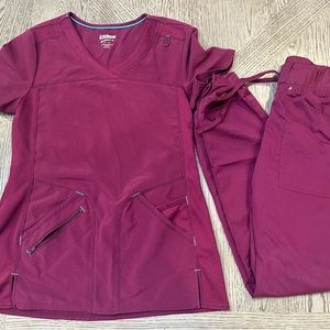 Burgundy Women’s medical scrubs. Top: XS, bottoms: XS